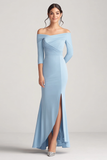 Off the Shoulder Sheath Pleated 3/4 Sleeve Sky Blue Mother of the Bride Dress with Slit