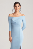 Off the Shoulder Sheath Pleated 3/4 Sleeve Sky Blue Mother of the Bride Dress with Slit