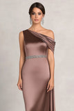 One Shoulder Sheath Taupe Mother of the Bride Dress with Rhinestone