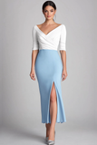 V Neck Half Sleeve White and Light Blue Tea-Length Dress with Slit