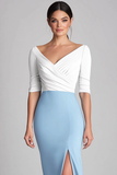 V Neck Half Sleeve White and Light Blue Tea-Length Dress with Slit