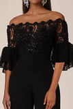 Black Off the Shoulder Lace Chiffon Jumpsuit with Ruffled Sleeves