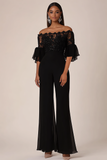 Black Off the Shoulder Lace Chiffon Jumpsuit with Ruffled Sleeves