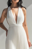 Pleated A Line Halter Ivory Formal Dress