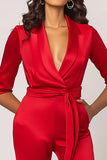 Satin Lapel Red Jumpsuit with 3/4 Sleeves