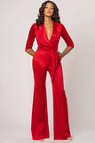 Satin Lapel Red Jumpsuit with 3/4 Sleeves