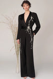 Black Beaded Long Sleeve Lapel Jumpsuit with Pockets