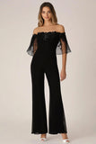 Off the Shoulder Chiffon Black Jumpsuit with Mesh Top Overlay