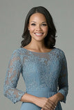 Dusty Blue 3/4 Sleeve Lace Chiffon Mother of The Bride Dress