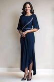 Navy Chiffon Sheath Bell Sleeve Mother of the Bride Dress