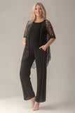 Black Jumpsuit Lace Square Neck Sleeveless Mother of Bride Pant Suits