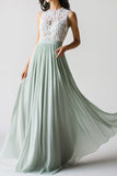 Lace Chiffon A Line Dusty Sage Bridesmaid Dress