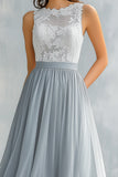 Light Grey A Line Round Neck Lace Bridesmaid Dress