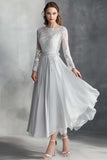 A Line Lace Illusion Sleeve Light Grey Mother of the Bride Dress