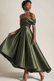 Off the Shoulder A Line Tea Length Satin Olive Mother of the Bride Dress