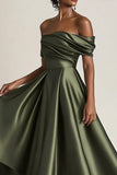 Off the Shoulder A Line Tea Length Satin Olive Mother of the Bride Dress