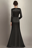 Black Column Satin Long Sleeve Mother of the Bride Dress