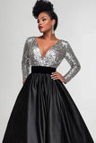 Black Silver V Neck Sequin Mother of the Bride Dress with Long Sleeves