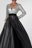 Black Silver V Neck Sequin Mother of the Bride Dress with Long Sleeves