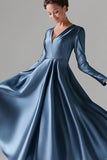 Satin A Line V Neck Long Sleeve Blue Mother of the Bride Dress