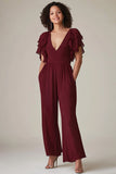 Chiffon V Nevk Burgundy Jumpsuit with Ruffle Sleeves