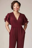 Chiffon V Nevk Burgundy Jumpsuit with Ruffle Sleeves