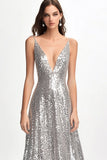 Sparkly V Neck A Line Silver Formal Dress