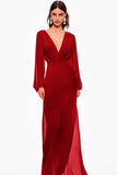 Red Chiffon Column V Neck Long Sleeve Formal Dress