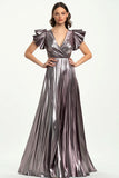 Metallic Taro Purple Pleated V Neck Wrap Formal Dress with Short Ruffle Sleeves