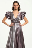 Metallic Taro Purple Pleated V Neck Wrap Formal Dress with Short Ruffle Sleeves