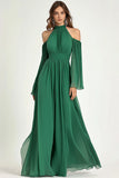 Chiffon A Line Cold Shoulder Long Sleeve Green Formal Dress