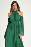 Chiffon A Line Cold Shoulder Long Sleeve Green Formal Dress