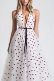 White A Line Heart Print Halter Neck Formal Dress