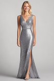 Sequined Mermaid V Neck Silver Formal Dress with Slit