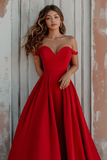 Red Off the Shoulder A Line Formal Dress