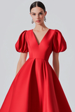 Red V Neck A Line Midi Formal Dress with Puff Sleeves