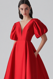 Red V Neck A Line Midi Formal Dress with Puff Sleeves