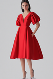 Red V Neck A Line Midi Formal Dress with Puff Sleeves