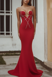 Mermaid Strapless Satin Red Formal Dress