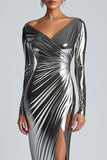 Metallic Ruched Long Sleeve V Neck Mermaid Silver Formal Dress with Slit