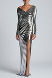 Metallic Ruched Long Sleeve V Neck Mermaid Silver Formal Dress with Slit