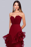 Ruffle A Line Strapless Organza Burgundy Formal Dress