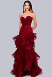 Ruffle A Line Strapless Organza Burgundy Formal Dress