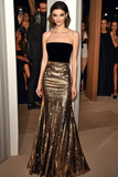 Golden Black Sequined Mermaid Strapless Formal Dress