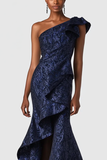 Navy Satin Jacquard One Shoulder Ruffle Mermaid Formal Dress