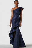 Navy Satin Jacquard One Shoulder Ruffle Mermaid Formal Dress