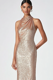 Champagne Sequin Ruched High Neck Sheath Formal Dress