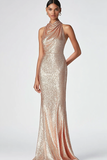 Champagne Sequin Ruched High Neck Sheath Formal Dress