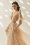 Apricot Dotted Tulle A Line Formal Dress with Short Flare Sleeves