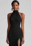 Black Halter Neck Sheath Slit Formal Dress with Ruffle Hem